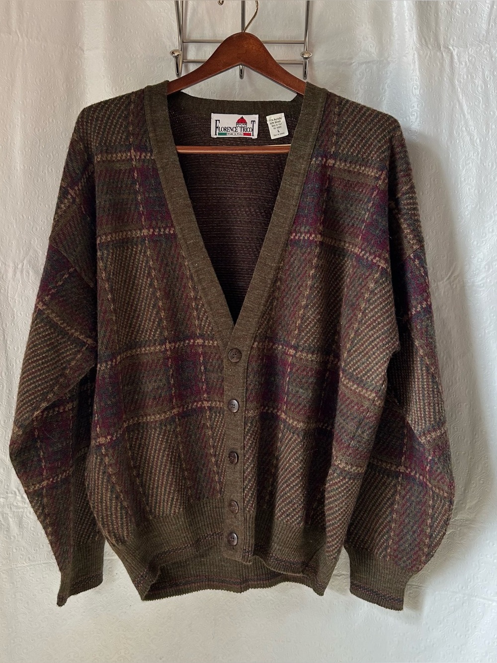 Vintage FLORENCE TRICOT Cardigan Sweater Wool Blend Plaid Made in Italy Size L